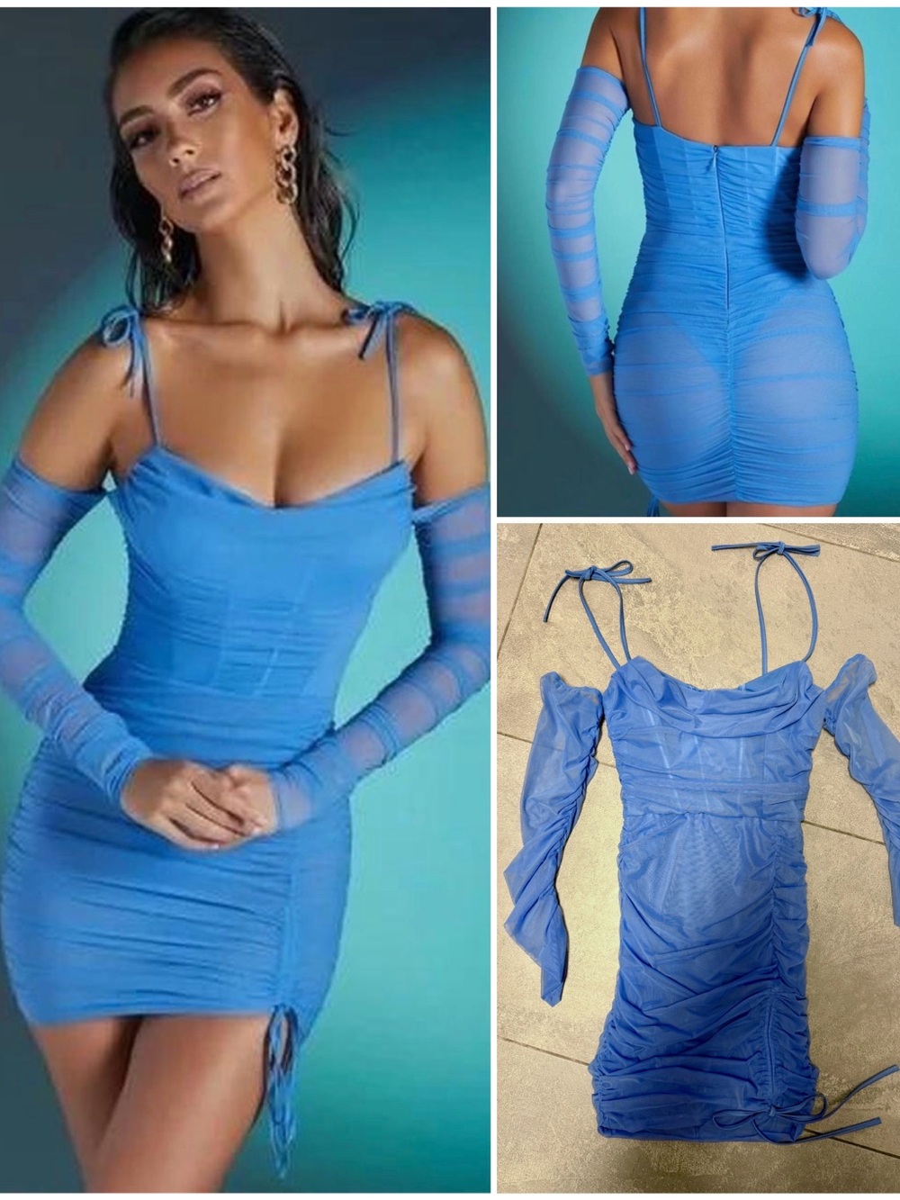 Oh Polly Blue Bardot Off Shoulder Long Sleeve Ruched Mesh Corset Mini Dress Sz 0